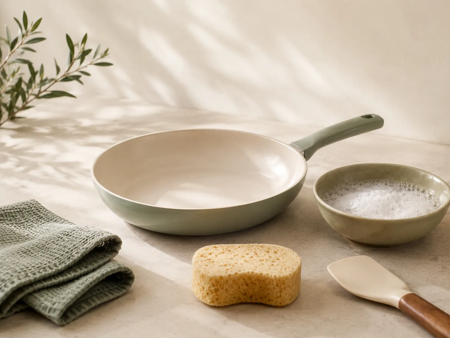 Ceramic nonstick skillet on a stovetop at a moderate heat setting