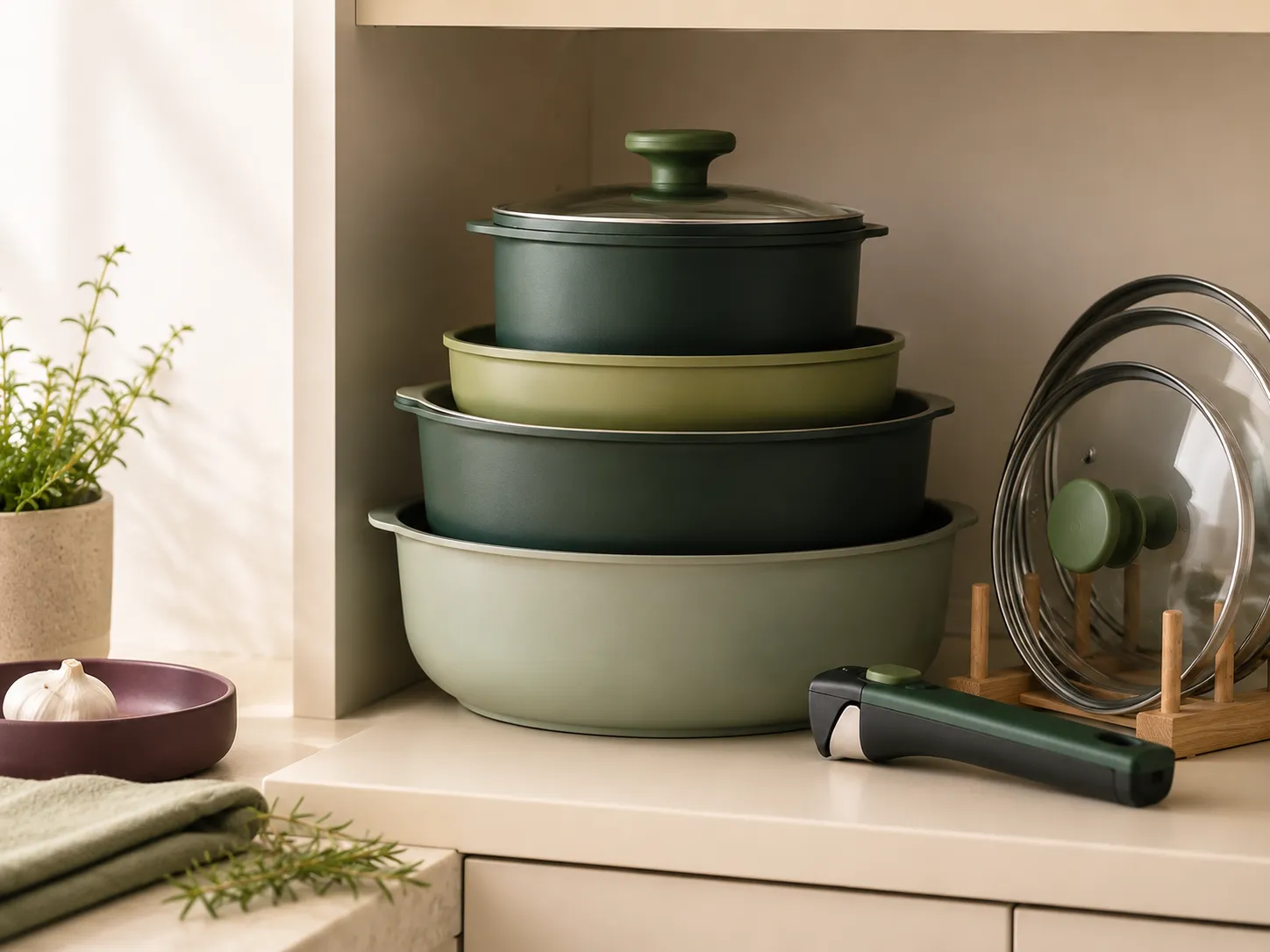 Compact cookware set stacked neatly inside a small kitchen cabinet