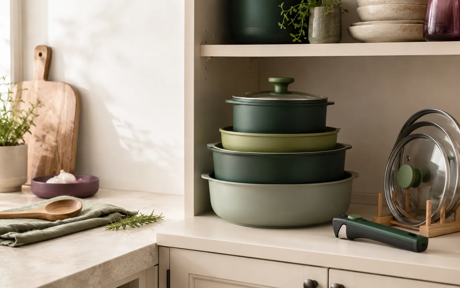 Compact cookware set stacked neatly inside a small kitchen cabinet