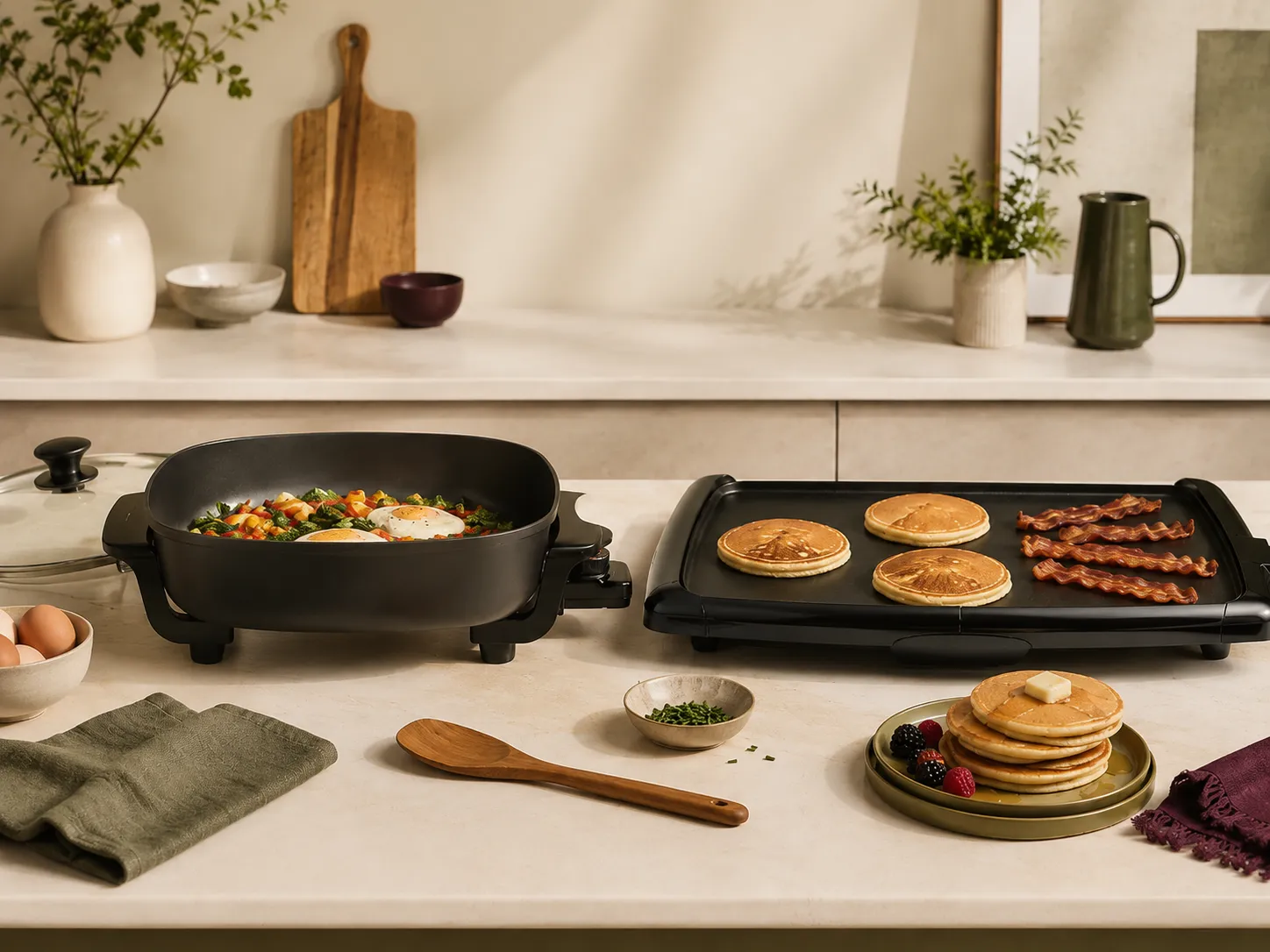 Electric skillet and electric griddle side by side on a kitchen counter