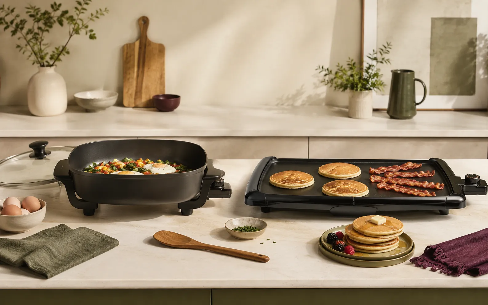 Electric skillet and electric griddle side by side on a kitchen counter