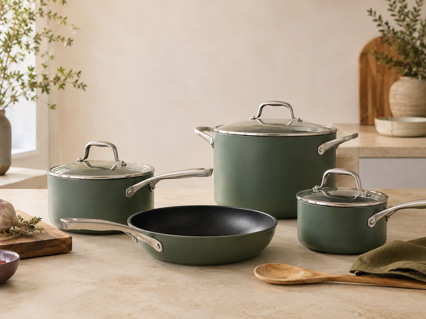 Cookware set arranged on a kitchen counter with skillets, saucepans, lids, and a stockpot