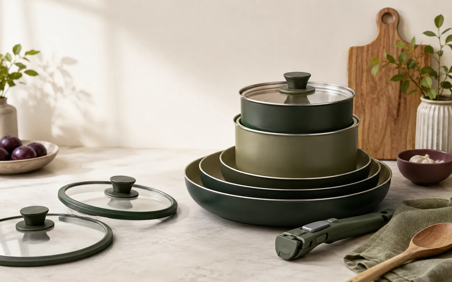 Removable-handle cookware set stacked neatly in a small kitchen cabinet