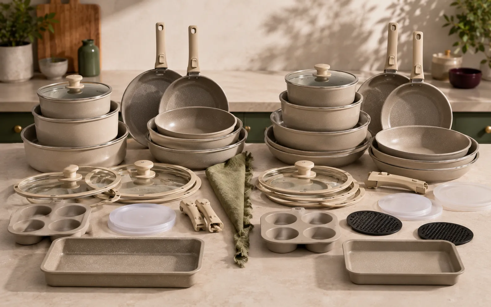 Astercook 21-piece cookware set unpacked on a kitchen counter