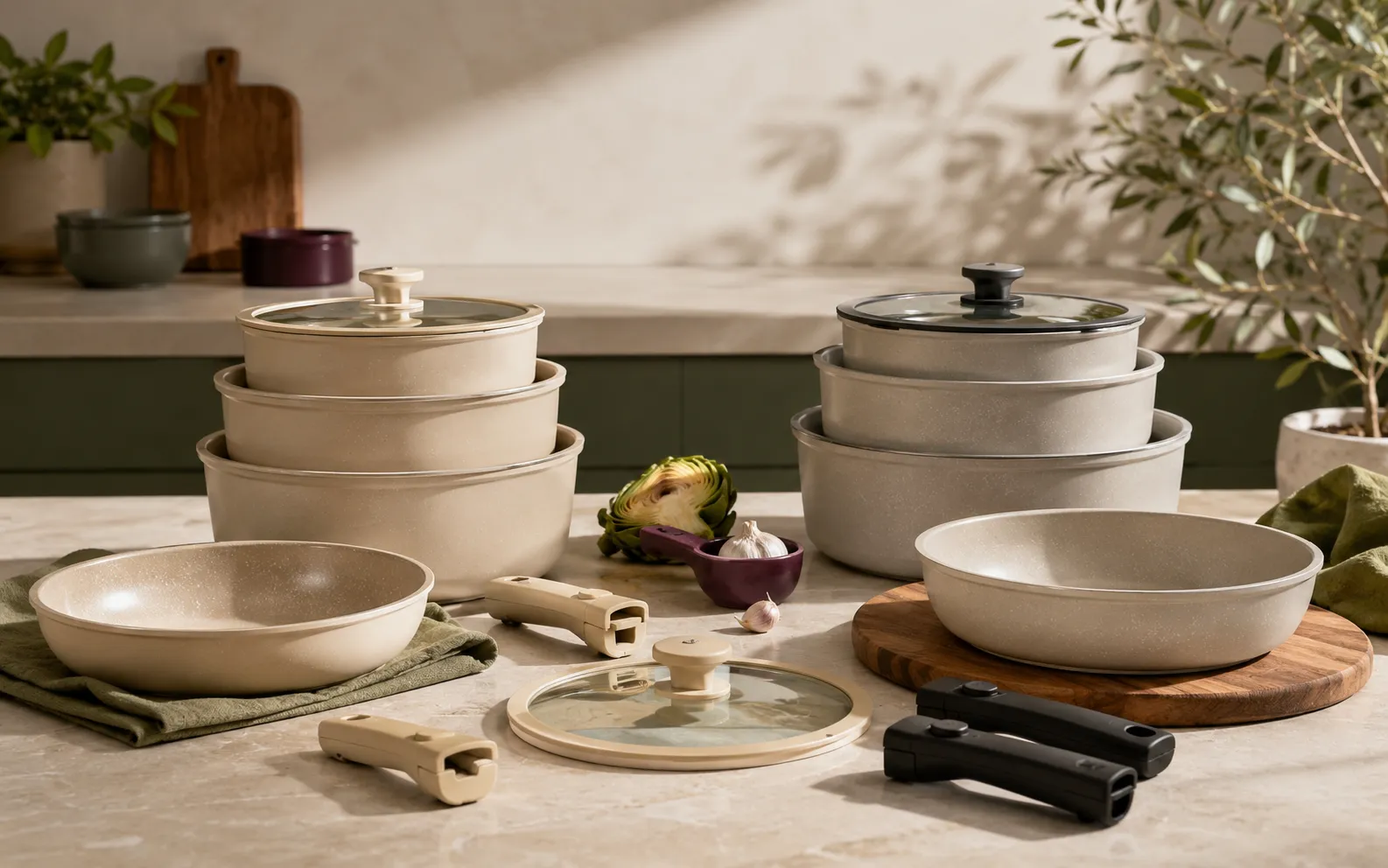 CAROTE removable-handle pans and handles laid out on a kitchen counter