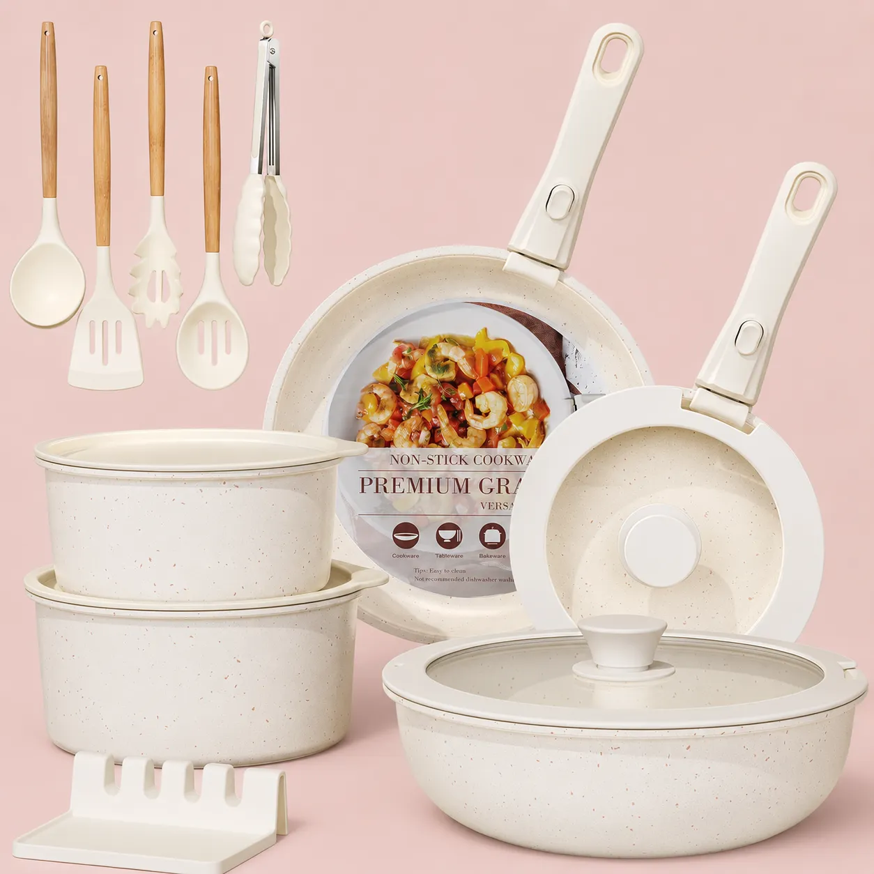 Astercook 21 Piece Removable Handle Cookware Set | Cream White