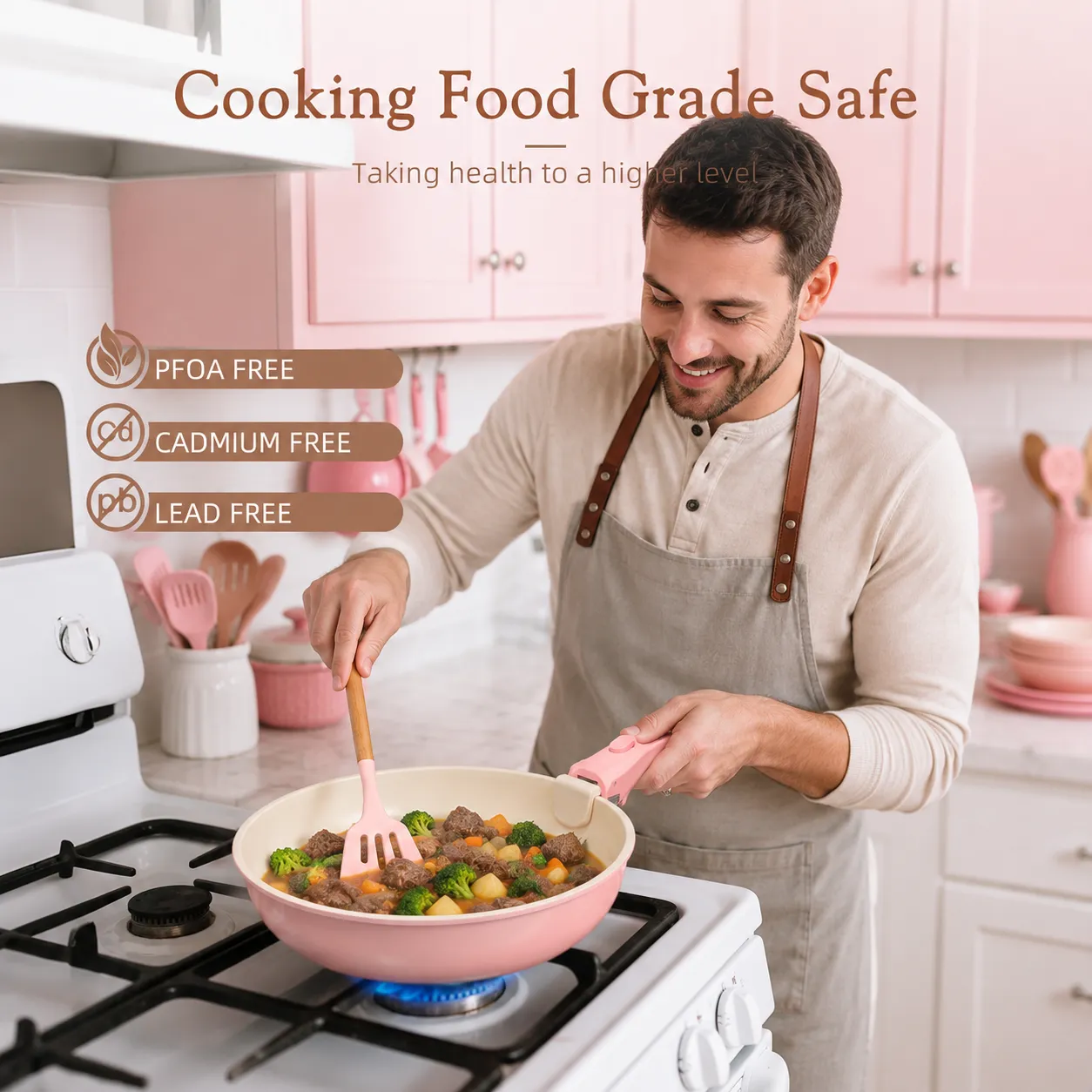 Astercook 21 Piece Pink Cookware Set with Removable Handles