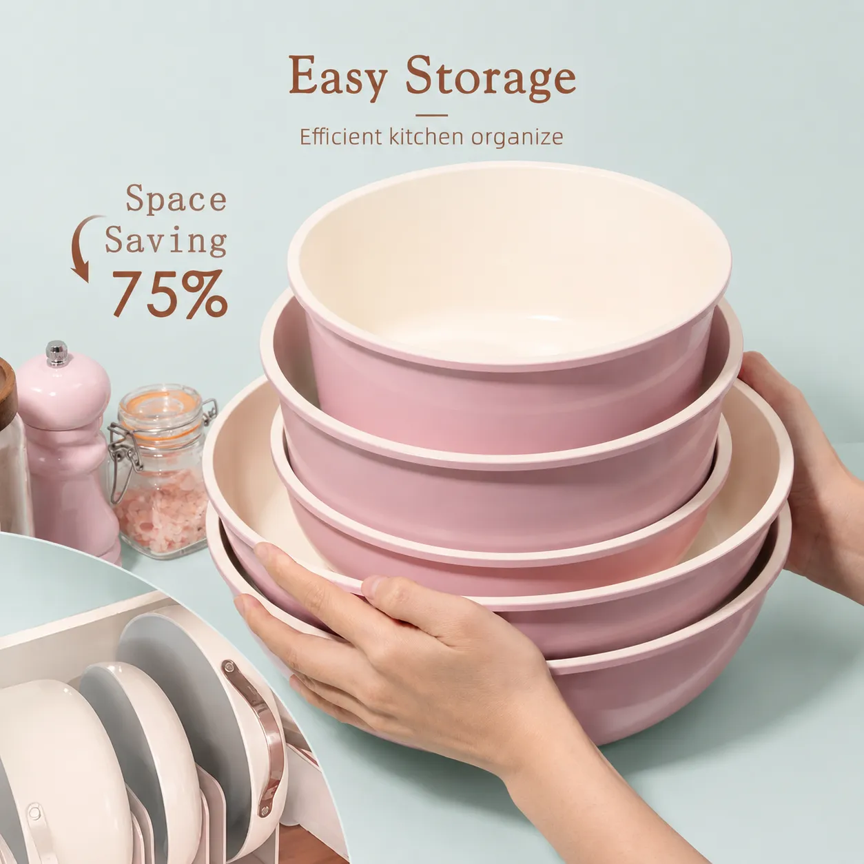 Astercook 21 Piece Pink Cookware Set with Removable Handles