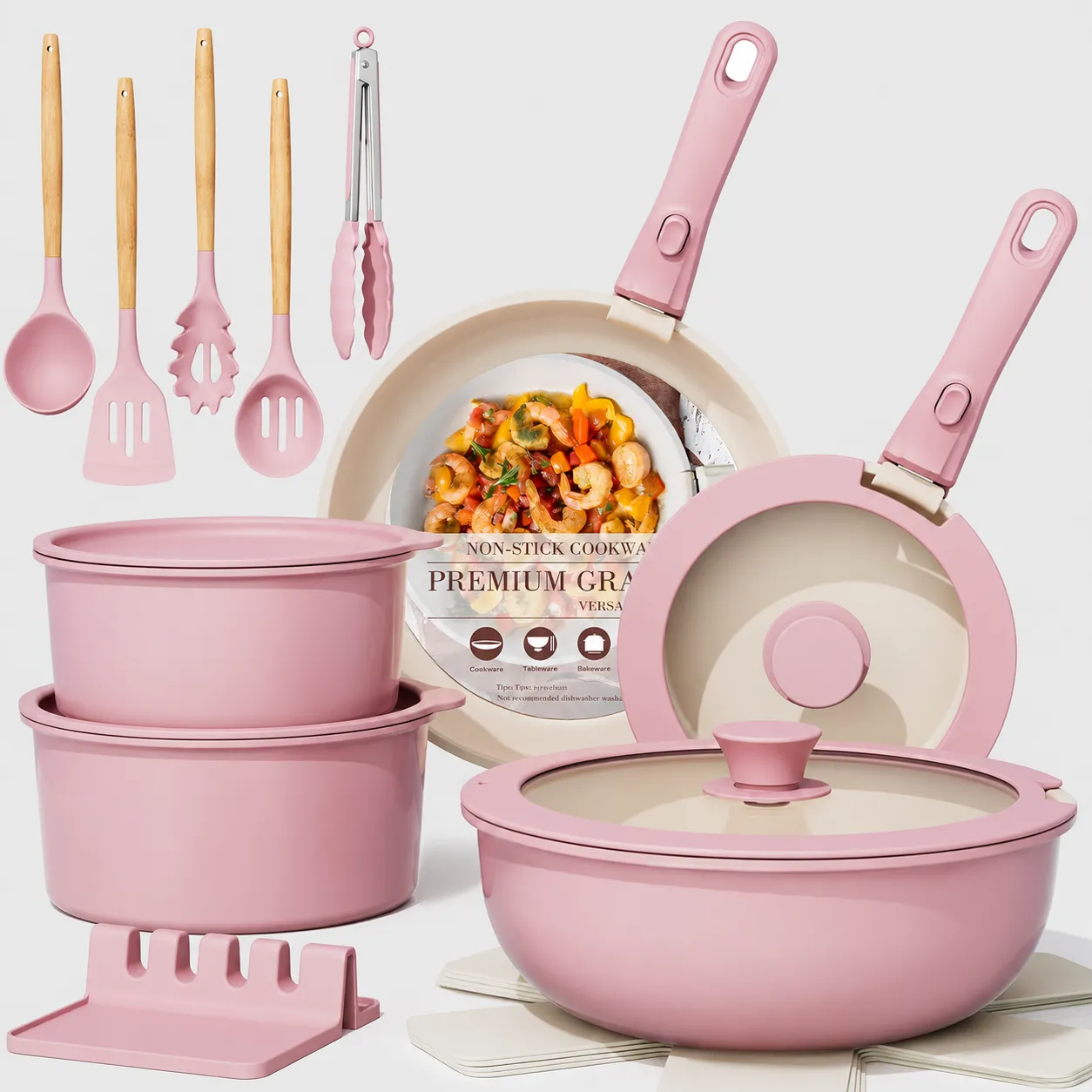 Astercook 21 Piece Pink Cookware Set with Removable Handles