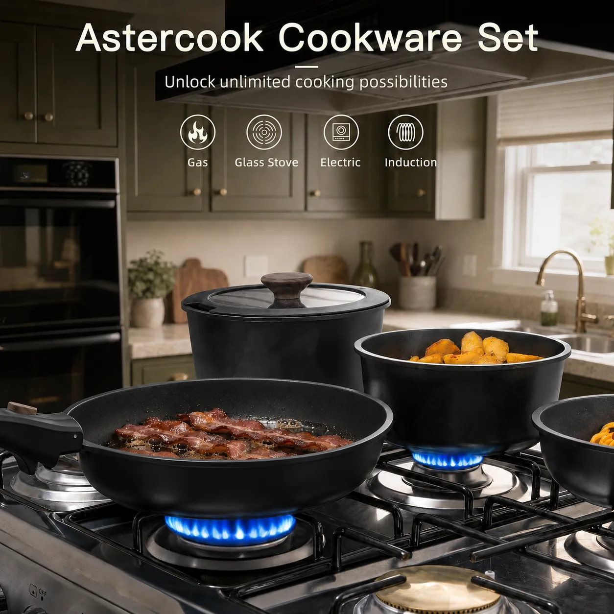 Astercook 21 Piece Black Cookware Set with Removable Handles