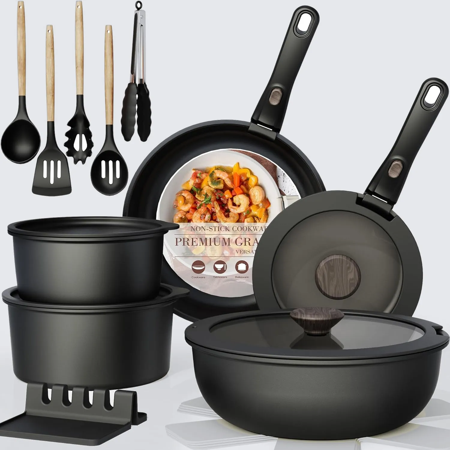 Astercook 21 Piece Black Cookware Set with Removable Handles