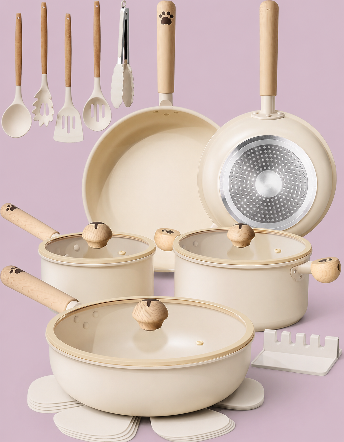 Astercook 18 Piece Dog Paw Ceramic Cookware Set | Cream