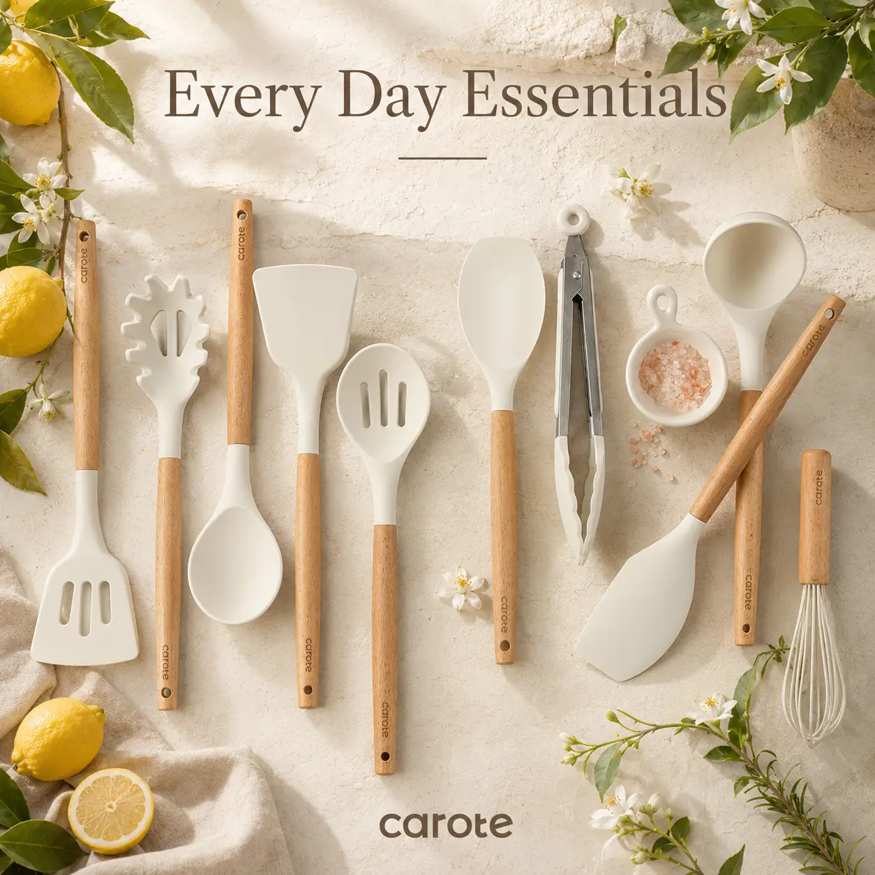 CAROTE 10-Piece Silicone Utensil Set With Wooden Handles