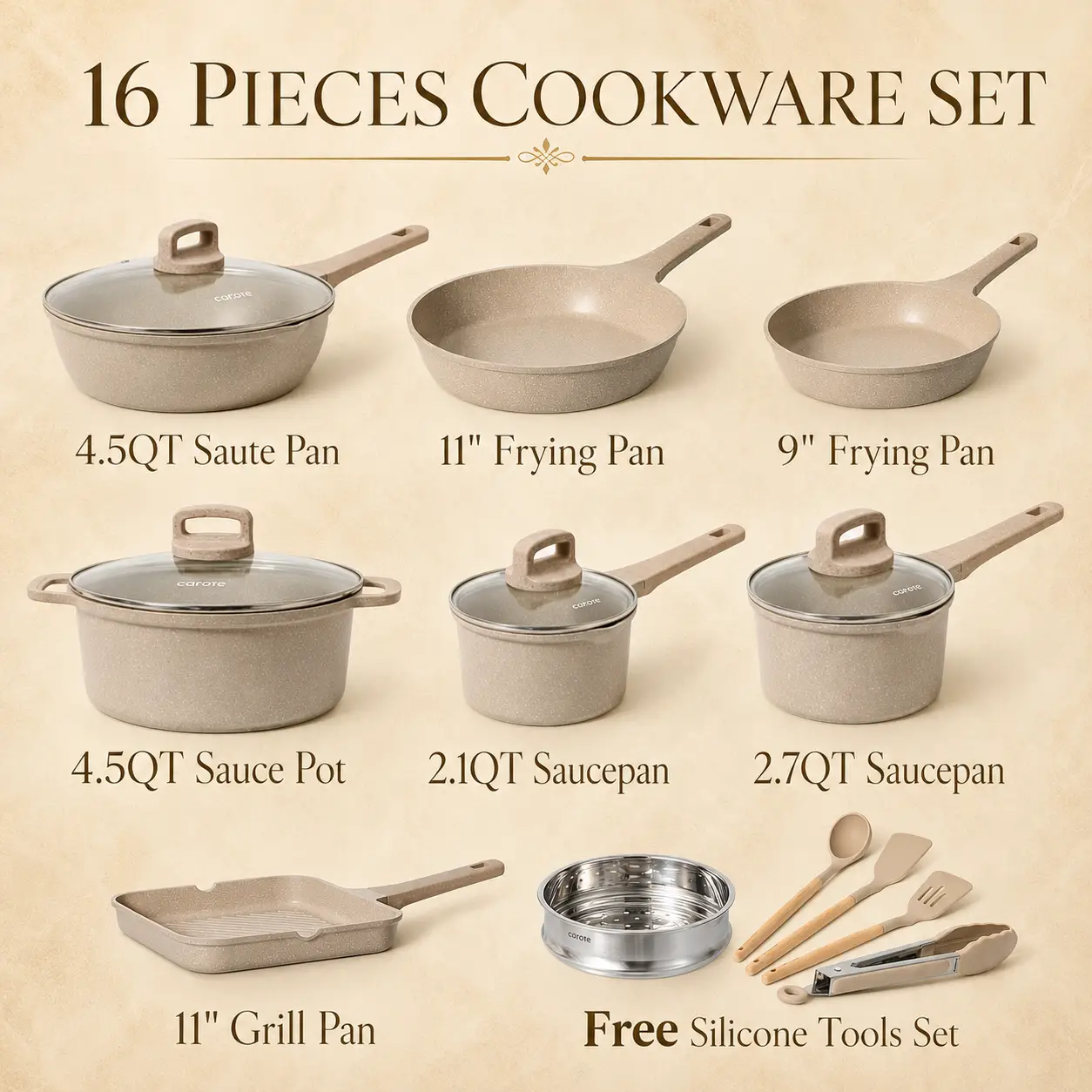 CAROTE 16-Piece Cookware Set With Grill Pan and Steamer