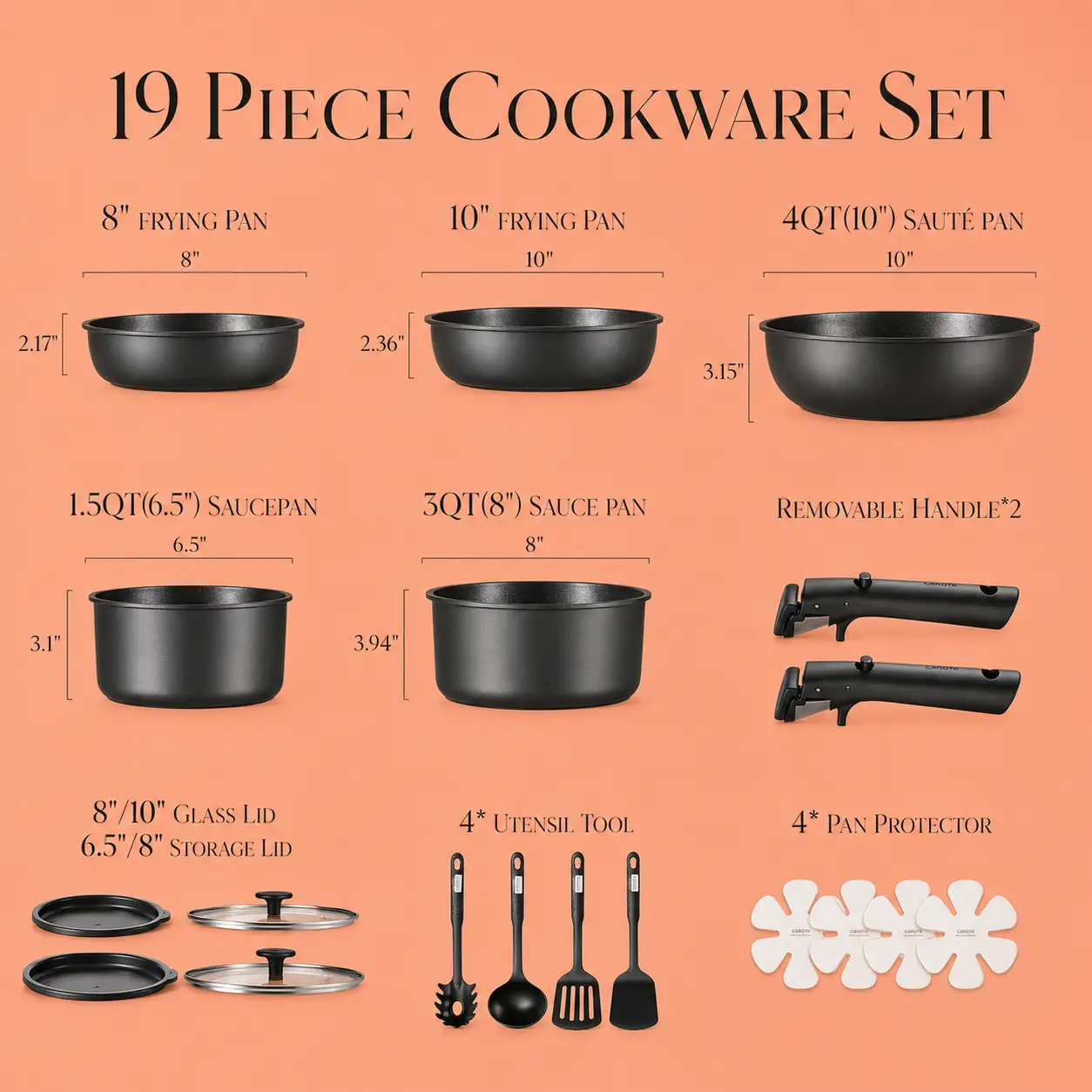 CAROTE 19-Piece Jet Black Cookware Set With Removable Handles