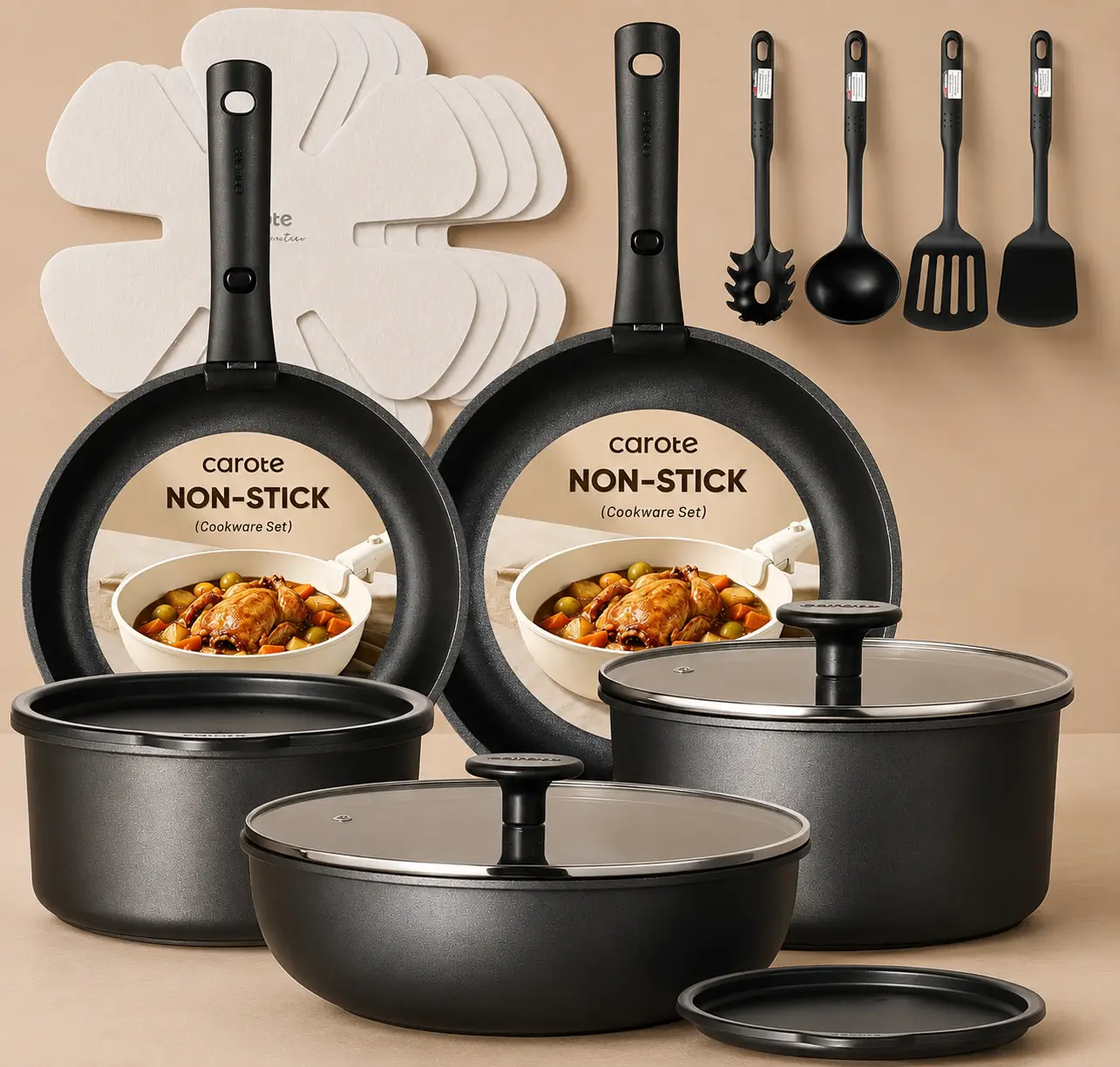 CAROTE 19-Piece Jet Black Cookware Set With Removable Handles