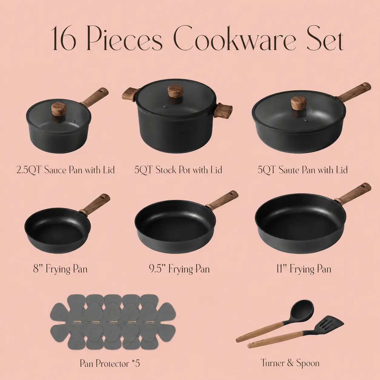 CAROTE 16-Piece Titanium Cookware Set in Black