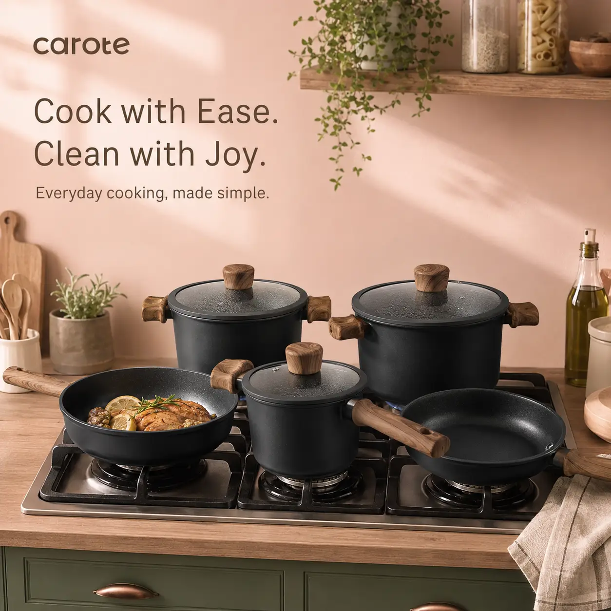 CAROTE 16-Piece Titanium Cookware Set in Black