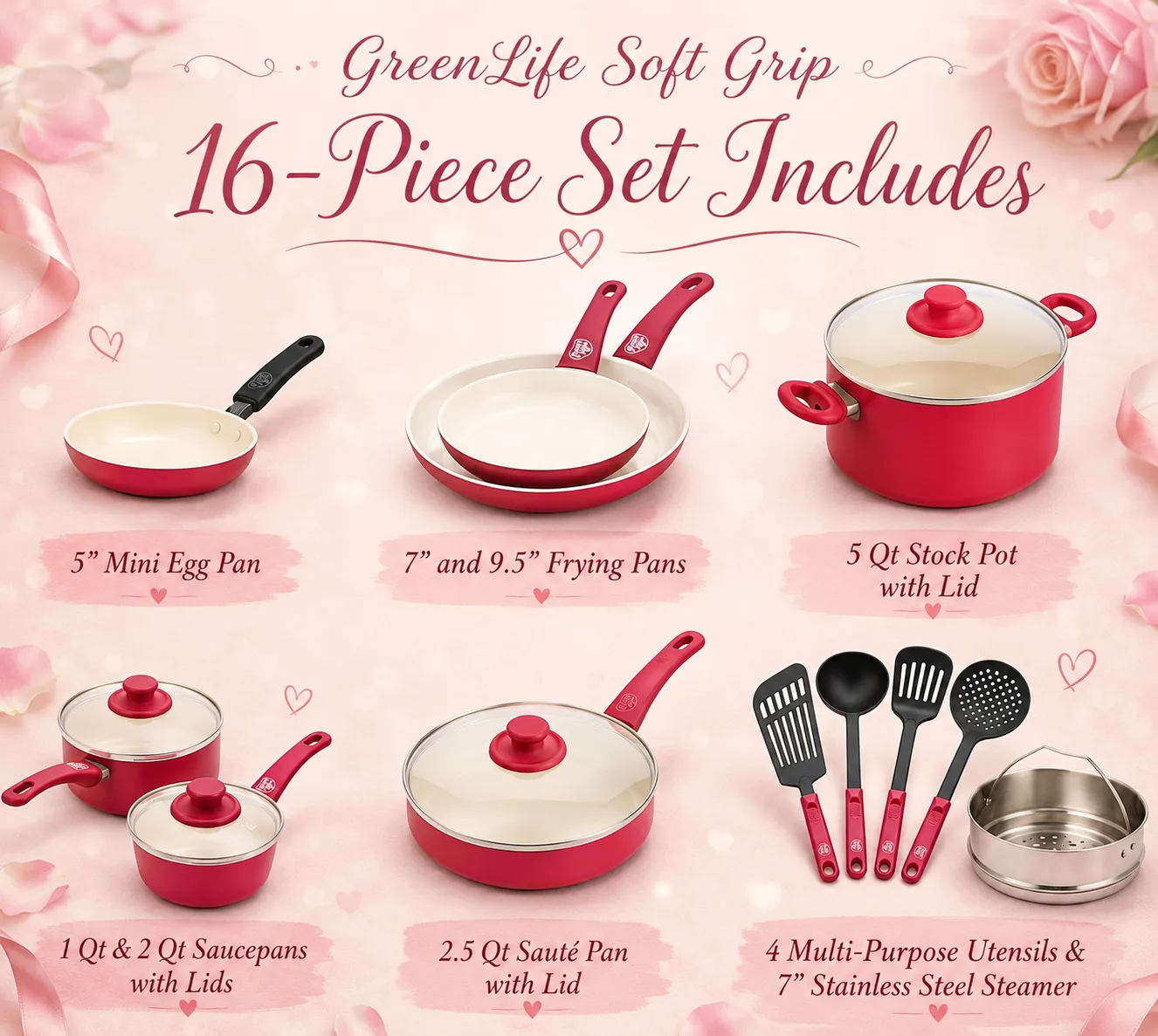 GreenLife Soft Grip 16 Piece Red Ceramic Nonstick Cookware Set