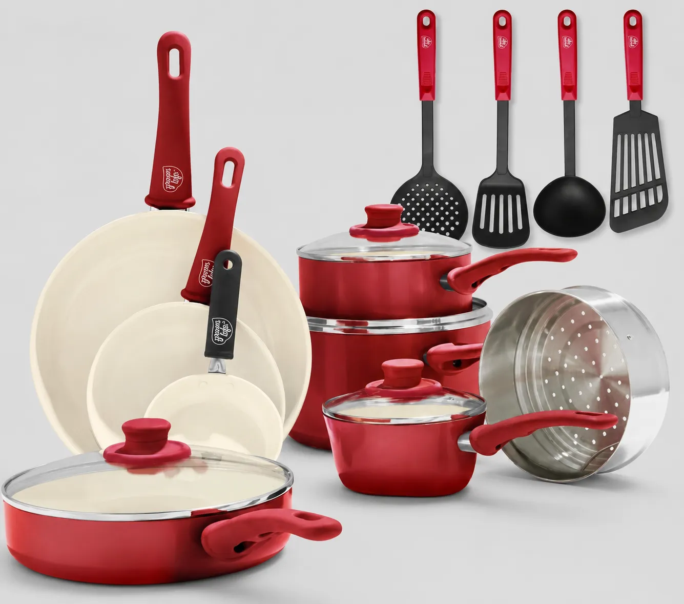 GreenLife Soft Grip 16 Piece Red Ceramic Nonstick Cookware Set