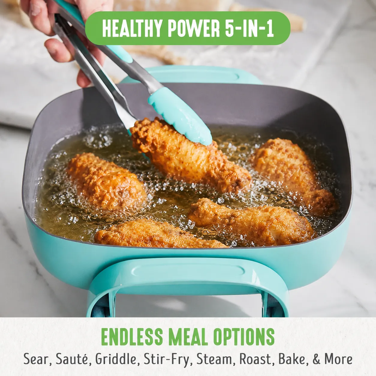 GreenLife 12 Inch 5QT Square Electric Skillet, Turquoise
