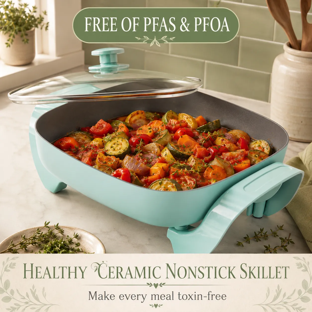 GreenLife 12 Inch 5QT Square Electric Skillet, Turquoise
