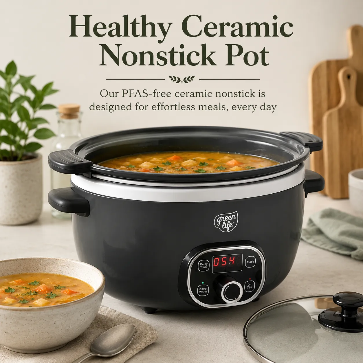 GreenLife Healthy Cook 6-Quart Slow Cooker, Black Ceramic Nonstick