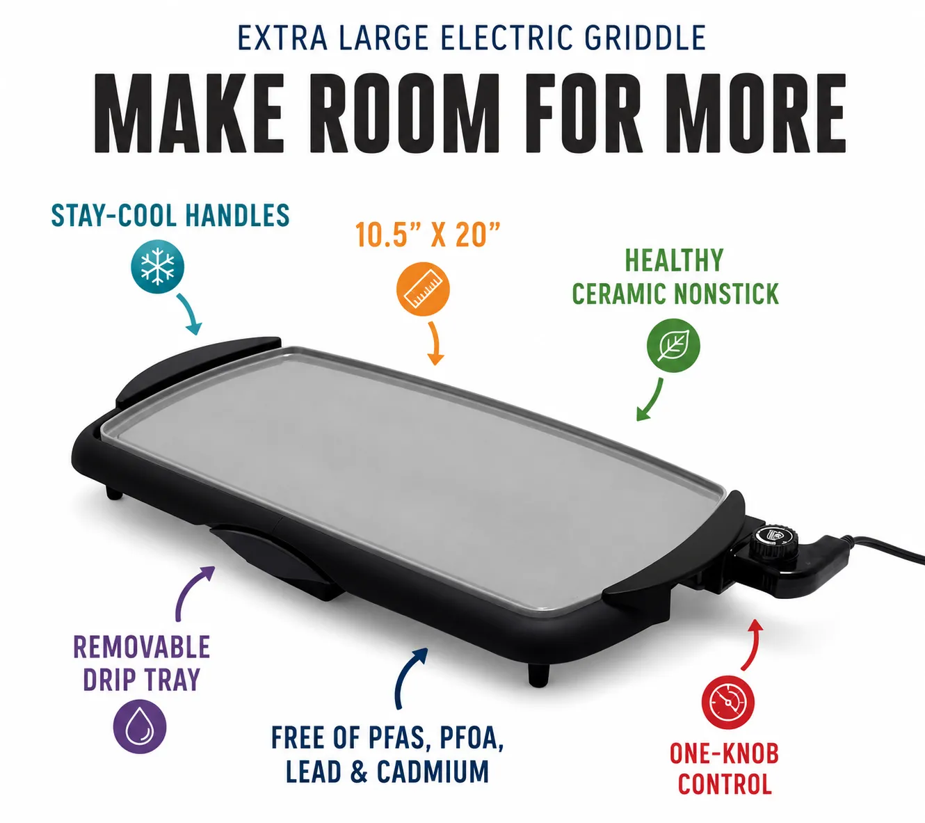 GreenLife Healthy Griddle XL Black, 10.5 x 20 Electric Griddle