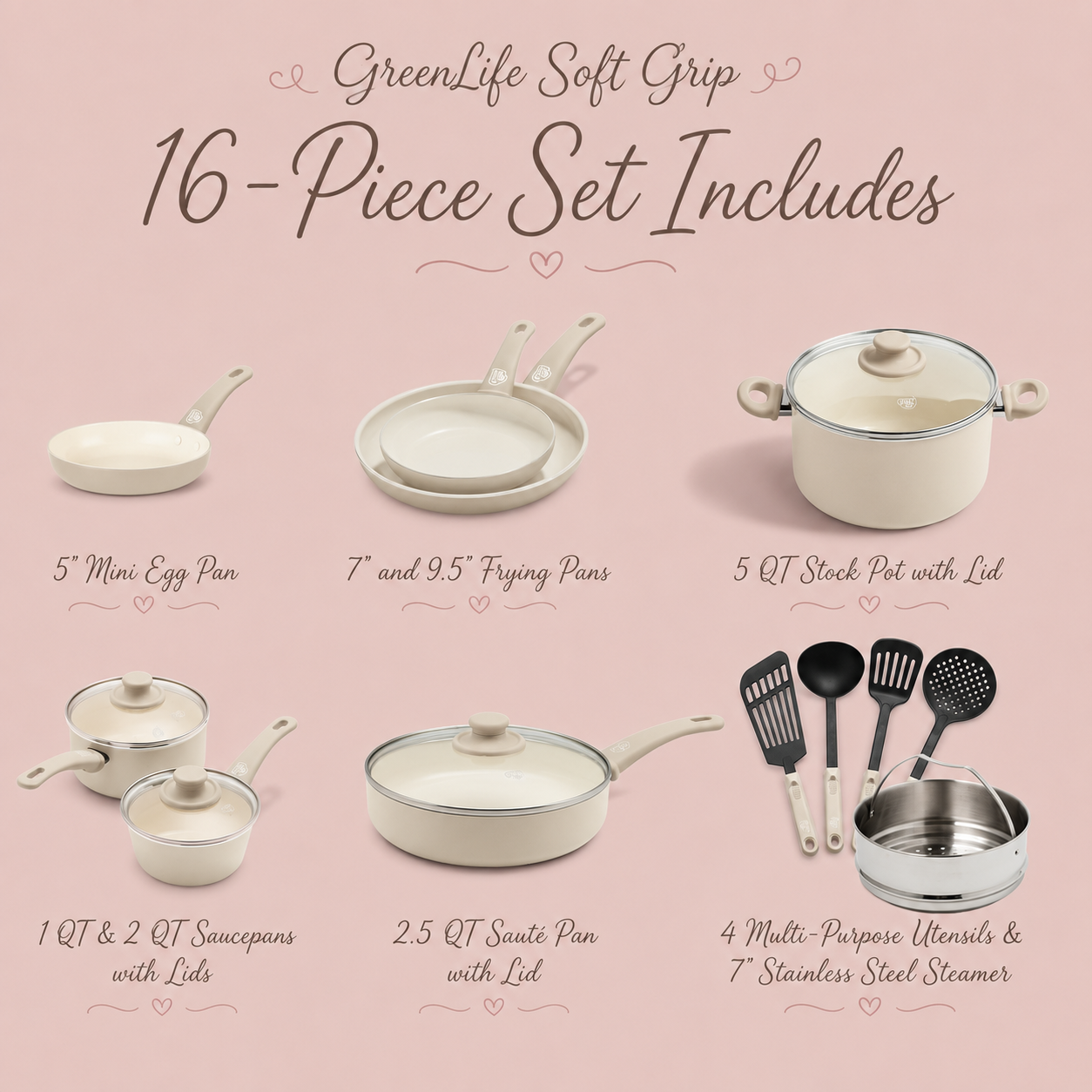 GreenLife Soft Grip 16 Piece Cookware Set, Cream Ceramic Nonstick