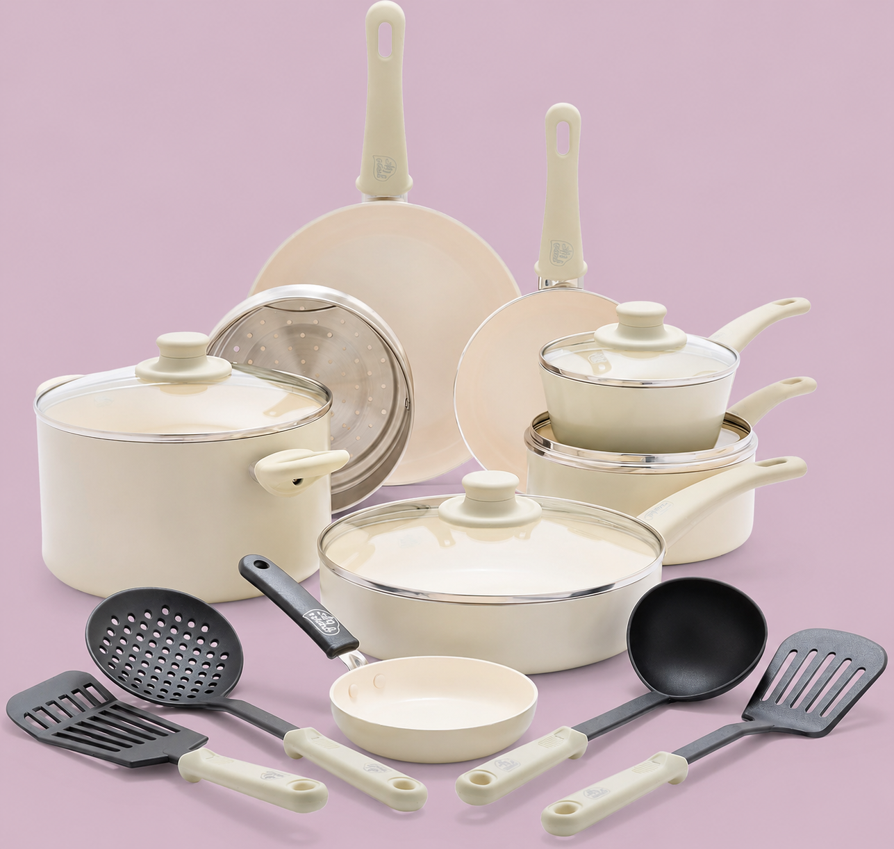 GreenLife Soft Grip 16 Piece Cookware Set, Cream Ceramic Nonstick